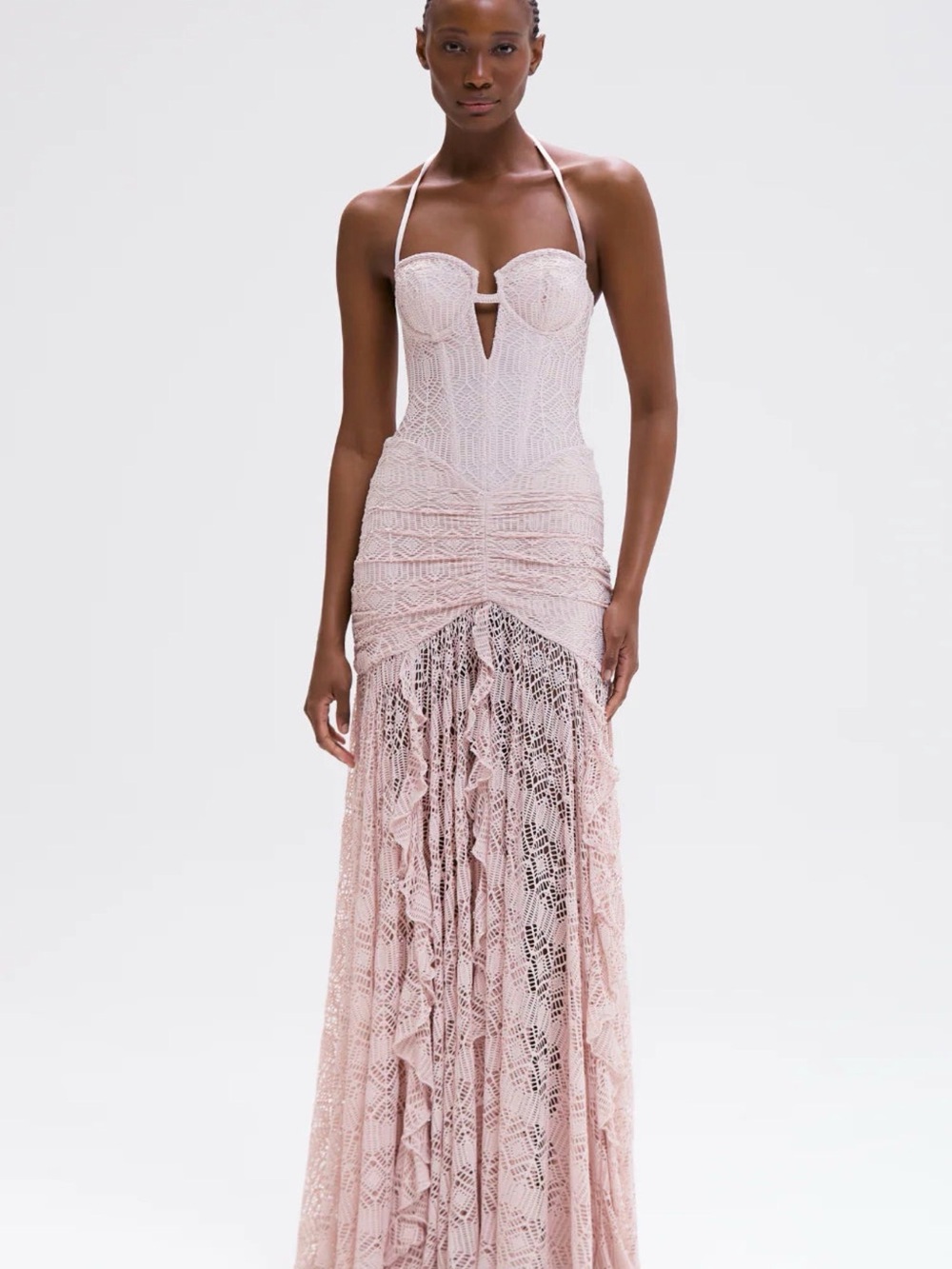 PatBO Pale Blush Crochet Halter Bustier Maxi Dress